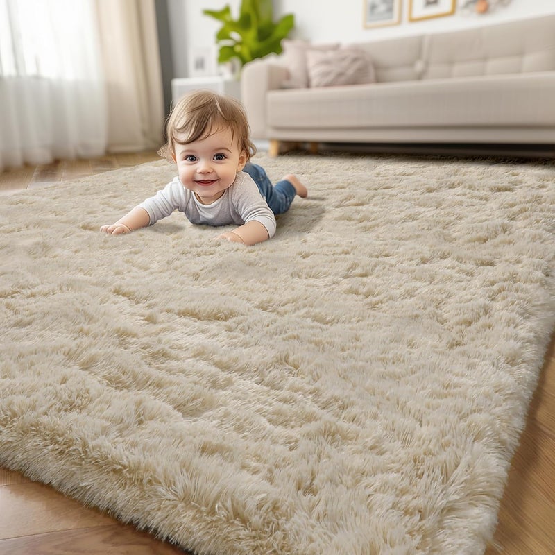 Amdrebio Beige Area Rugs for Bedroom Kids Room, 5x7 Fluffy Plush Shag Furry Cute Rug for Living Room Decor Aesthetic, Soft Shaggy Fuzzy Neutral Tan Carpet for Teens Baby Nursery Playroom Preppy Dorm - Image 2